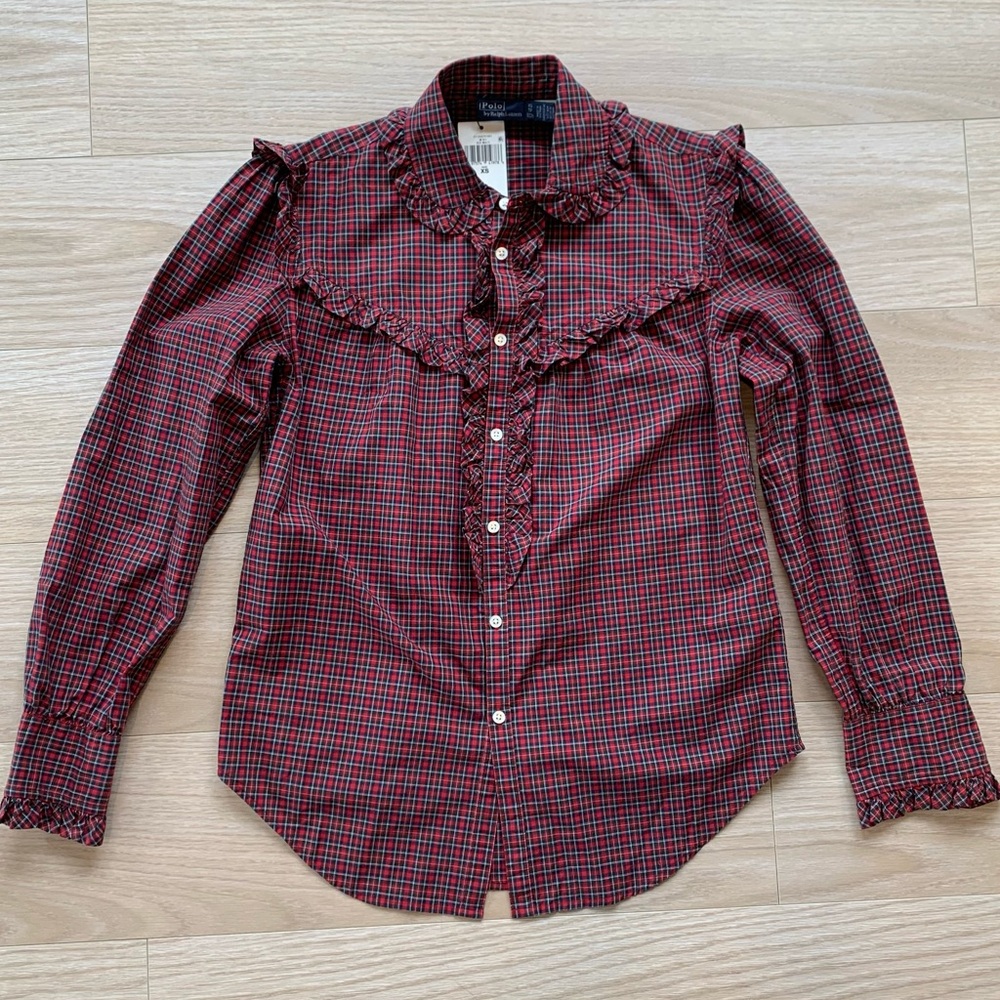 Polo Ralph Lauren Ruffle Trim Plaid Long Sleeve Top Red NWT Size XS - Picture 2 of 6